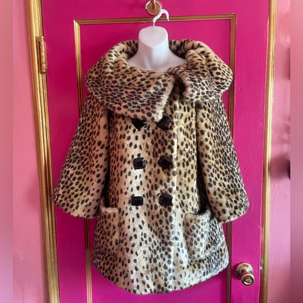Juicy Couture faux leopard fur swing coat with large black buttons size s